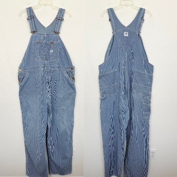 Vtg Lee Union Made USA Overalls Bib Railroad Stripe Carpenter Waist 50 Sz 50x30 - Picture 1 of 15